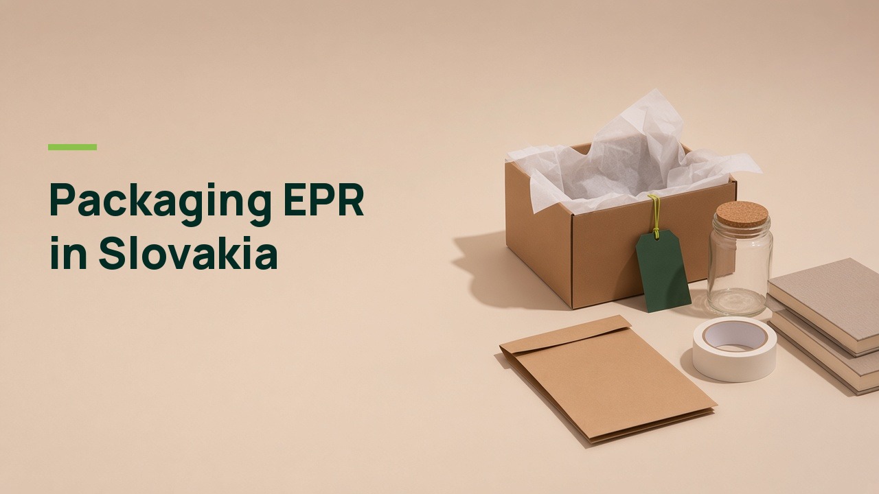 Packaging EPR in Slovakia: shipping box, glass jar and paper packaging on a beige background